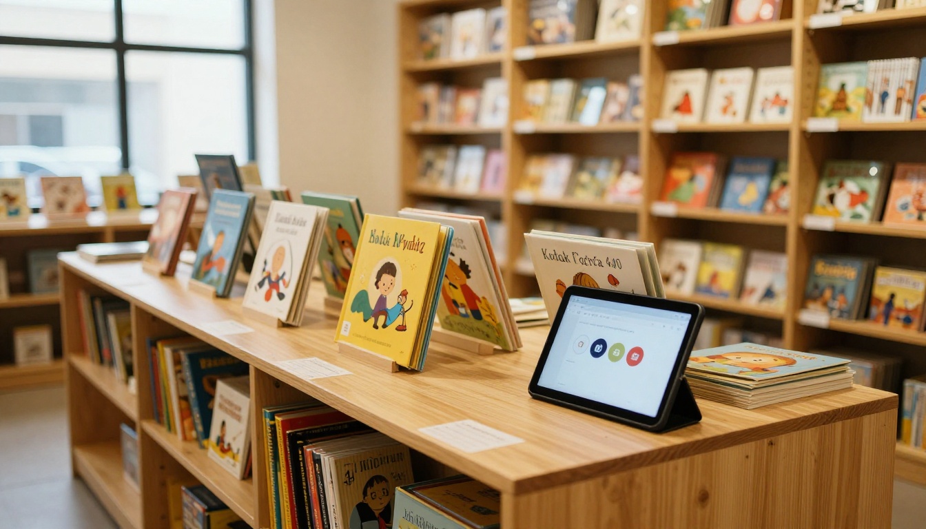 Children's section of a bookstore with a tablet display
