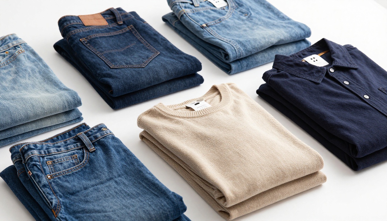 Neatly arranged folded knitwear and denim for a catalog product shoot