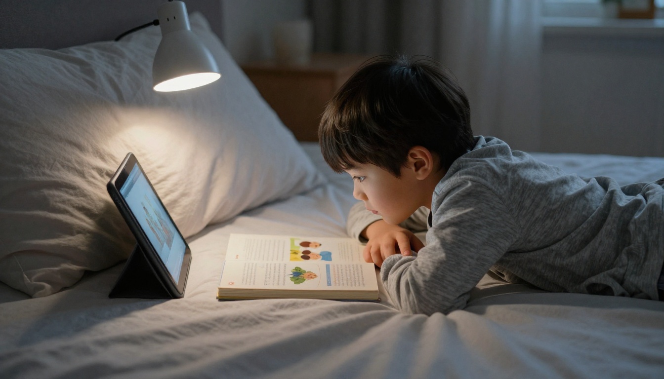 Child on a bedroom floor with a picture book and a tablet