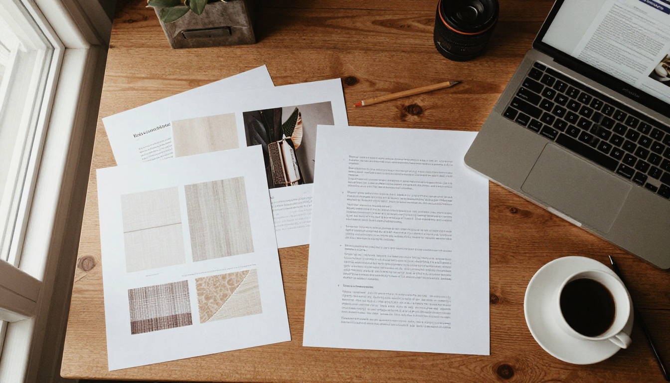 Aerial view of a desk with moodboard prints, swatches and a laptop layout