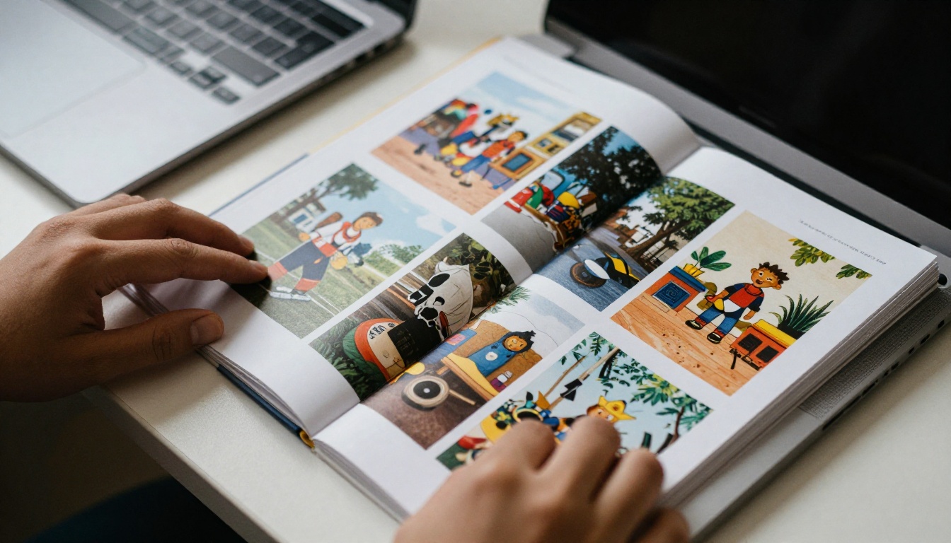 Hands arranging picture book page spreads next to a laptop