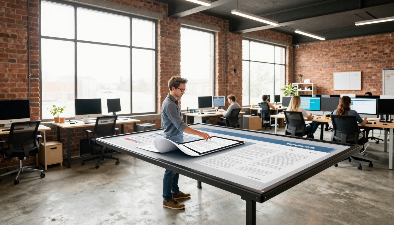 Founder reviewing a digital flipbook on a tablet in a bright loft Founder reviewing a digital flipbook on a tablet in a bright loft