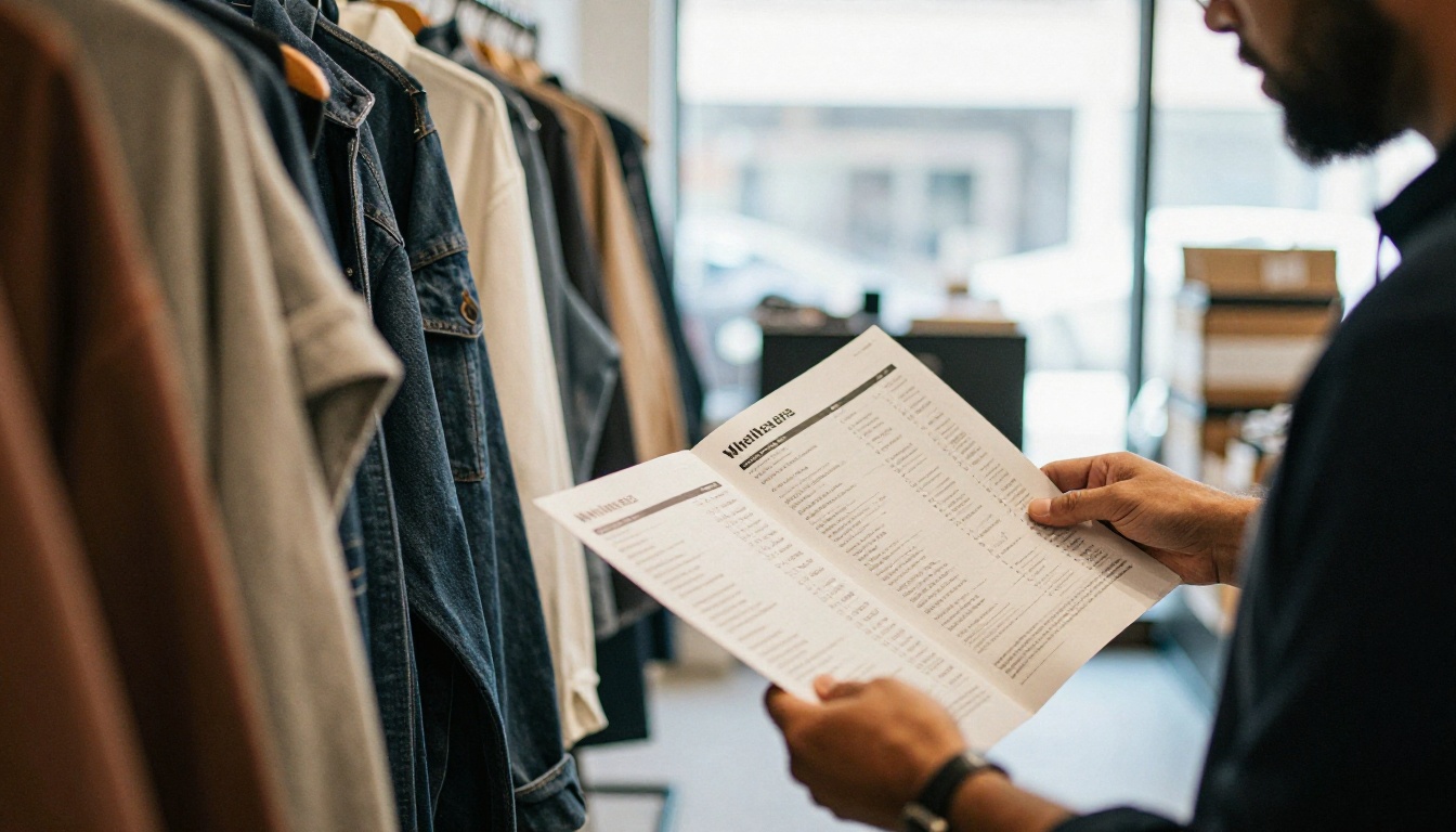 Boutique buyer reviewing a wholesale line sheet beside a clothing rack