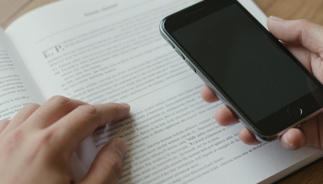 Hand turning a page of a printed report next to a smartphone Hand turning a page of a printed report next to a smartphone
