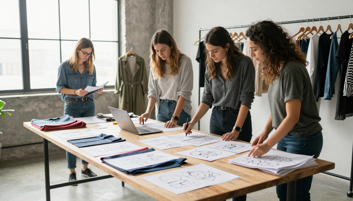 Small fashion team planning a collection around a table of sketches and samples