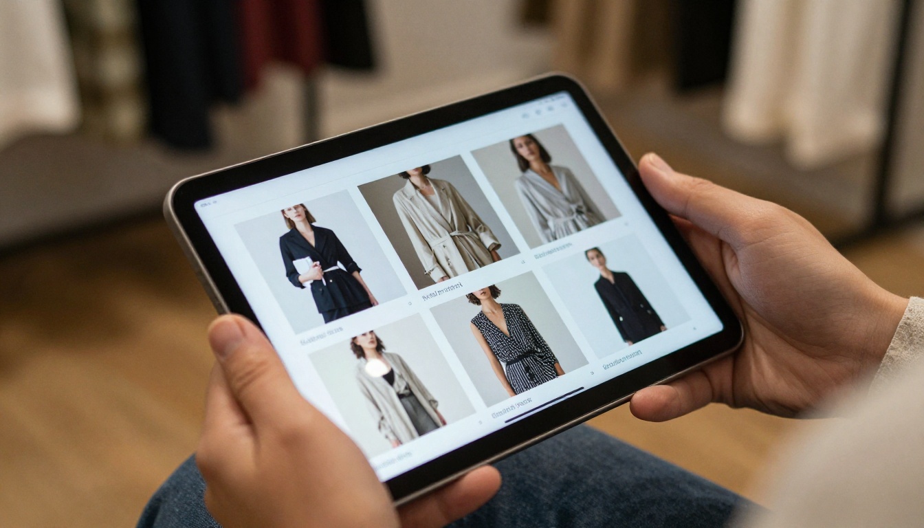 Hands holding a tablet showing a digital fashion lookbook in a boutique