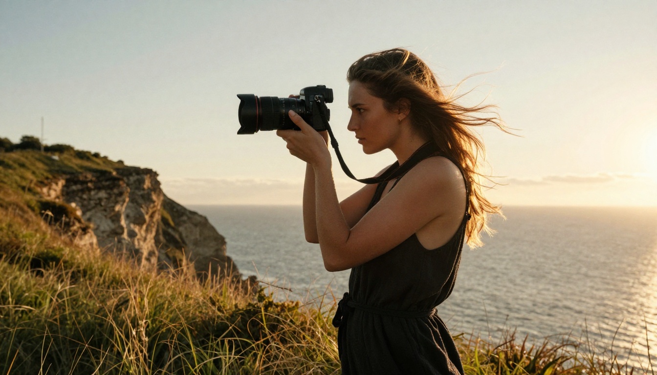 Fashion photographer directing a model in a summer dress on a seaside cliff