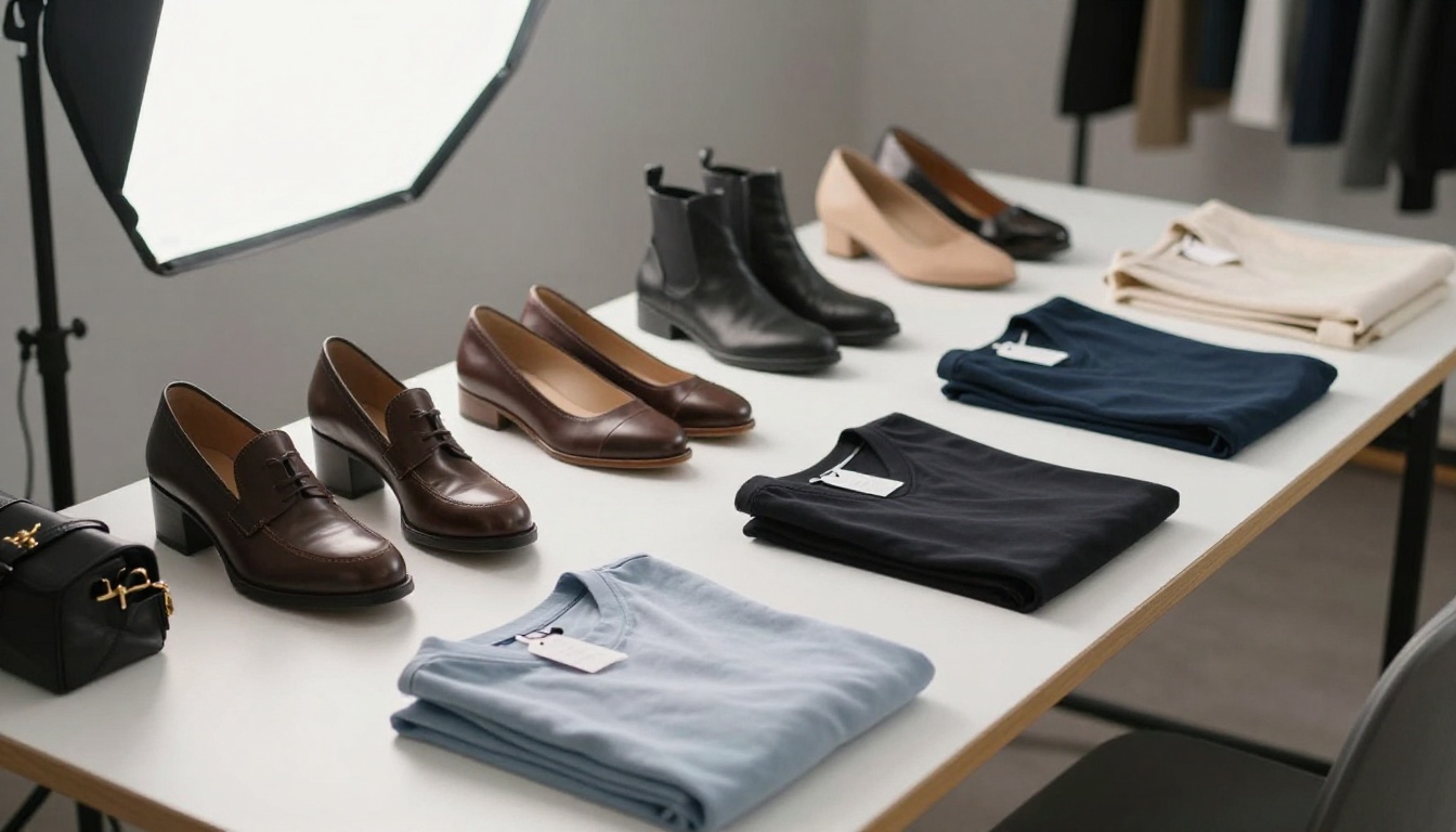 Packing table with accessories and garments being photographed on white paper