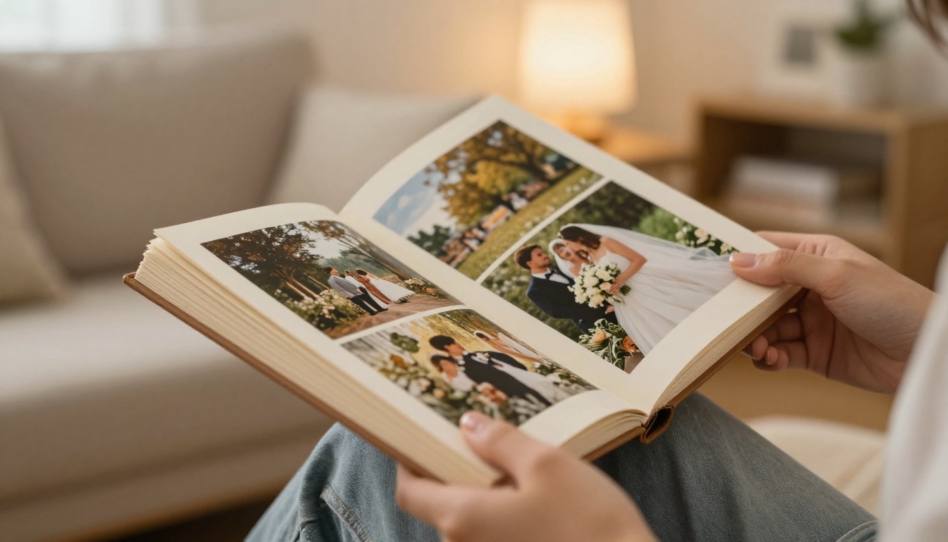 Printed photo book pages being turned by hand in a cozy living room