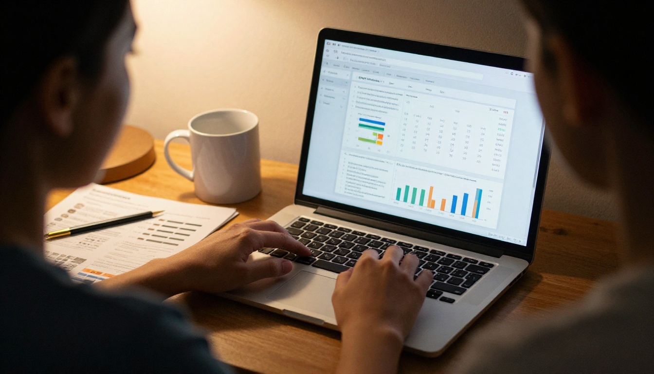 Designer reviewing page analytics on a laptop next to printed catalog pages