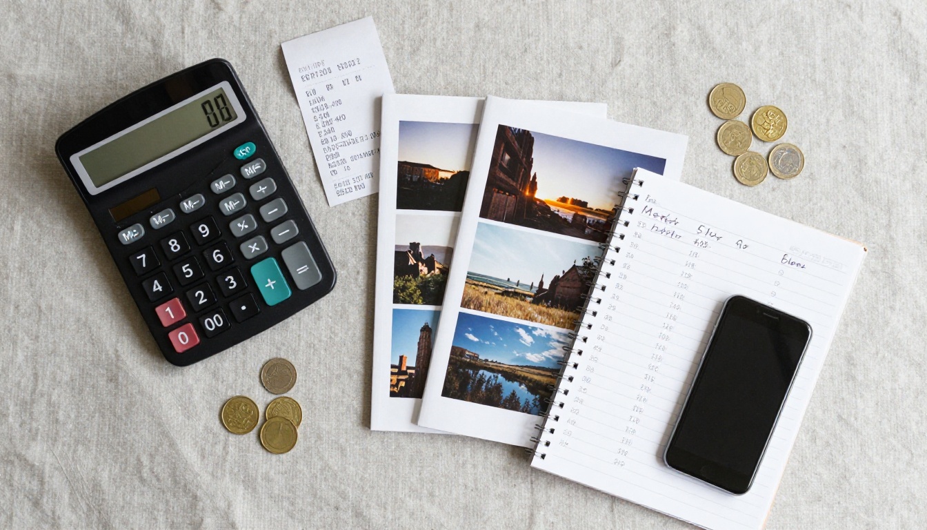 Flat lay of calculator, receipt and printed photo books on a desk to compare costs