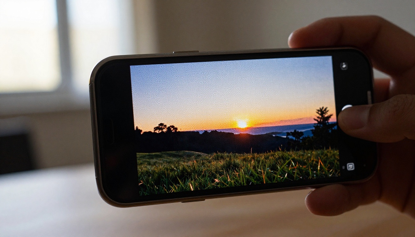 Macro comparison of a glossy photo print edge beside a smartphone screen showing the same landscape