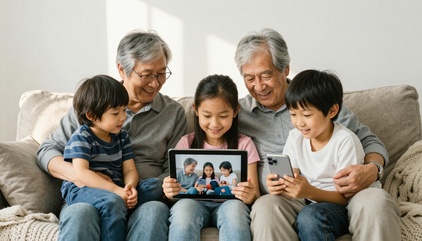 Family on a sofa viewing a shared digital photo album on tablet and phones