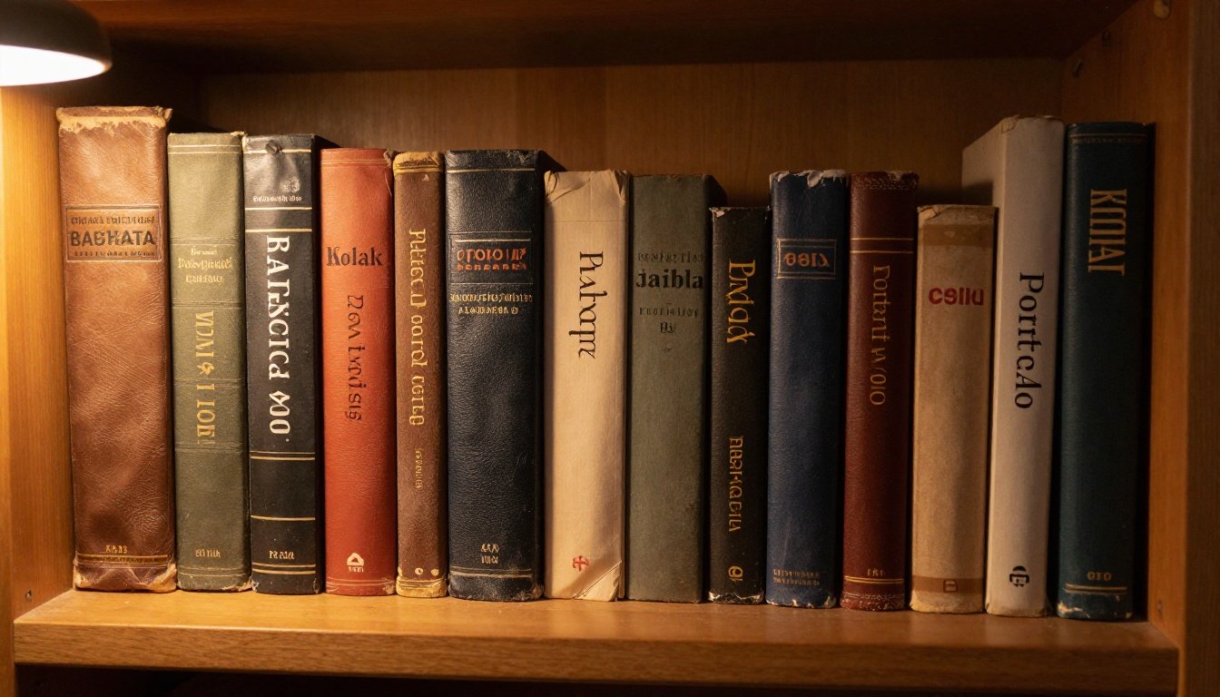 Old shelf of worn printed photo albums with dusty spines under warm lamp light