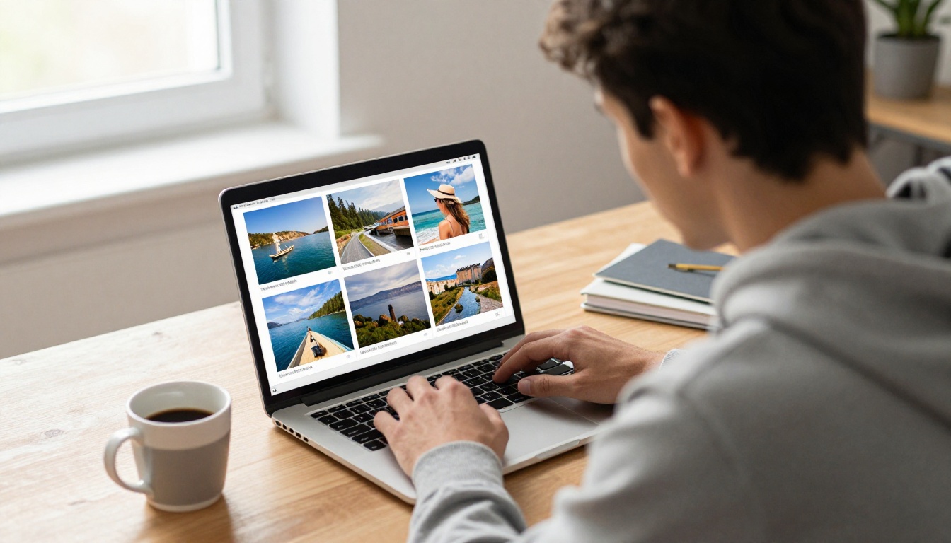 Young man uploading vacation photos on a laptop to build a digital photo book