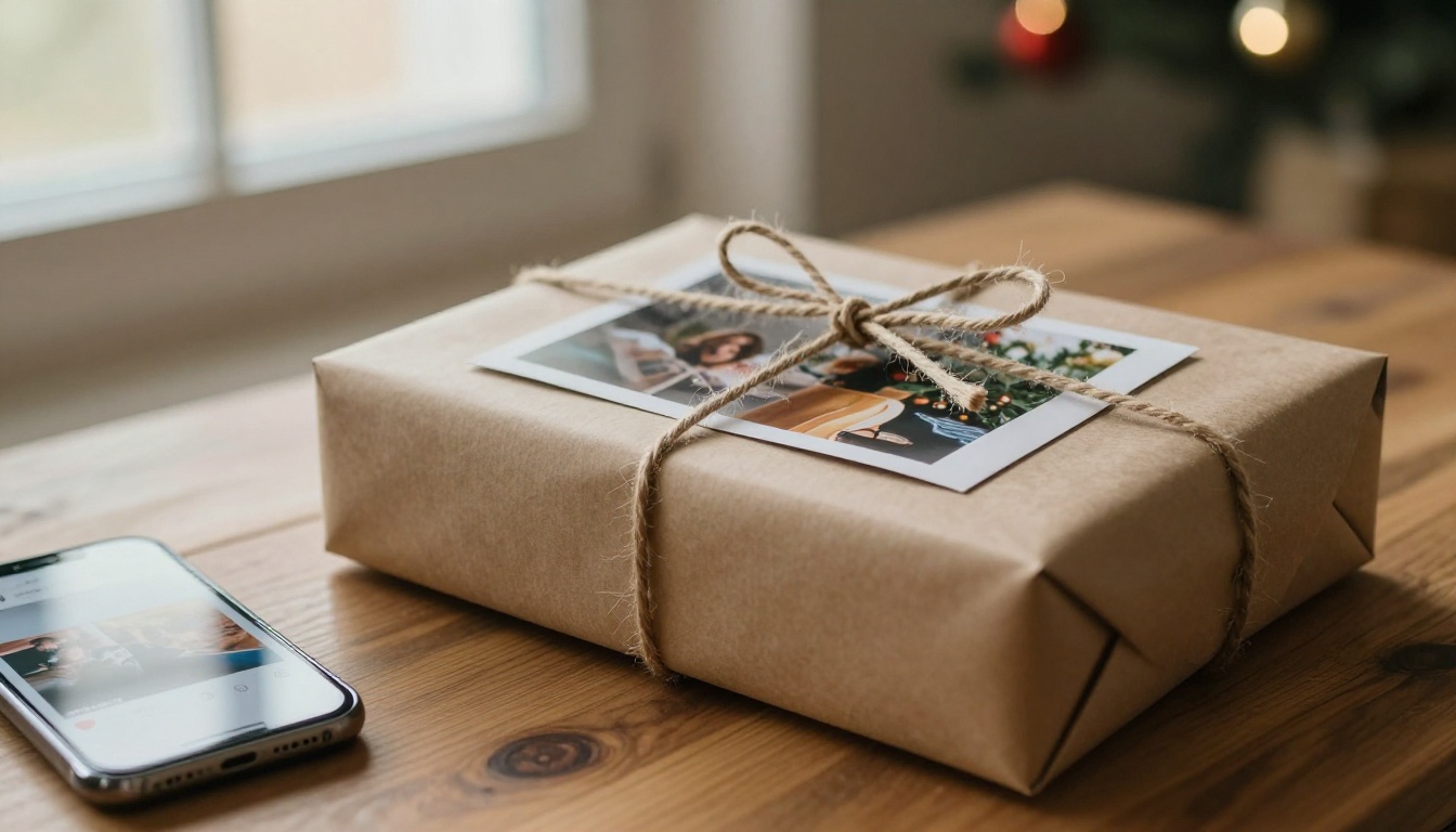 Gift-wrapped printed photo book tied with twine beside a smartphone showing a digital album
