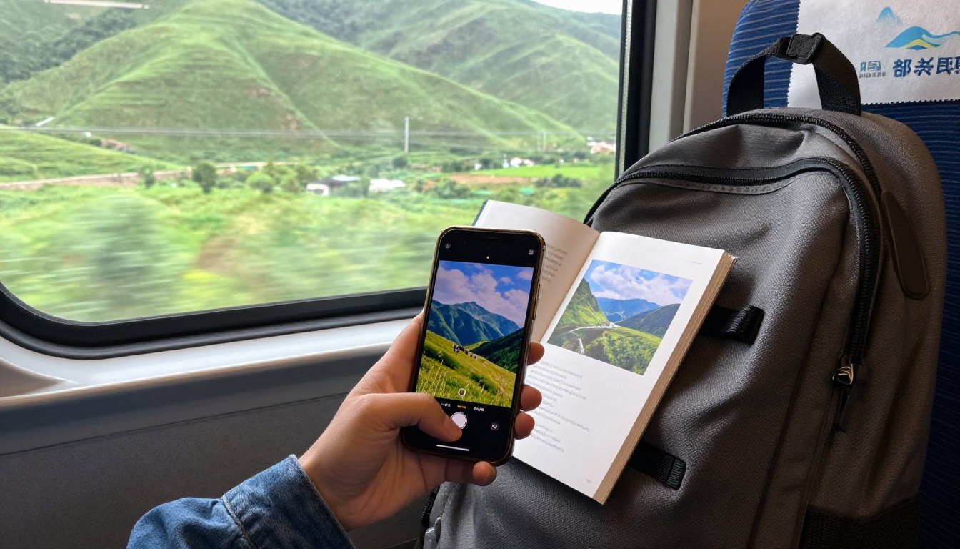 Traveler on a train looking at a digital photo book on a phone with a printed book in a backpack