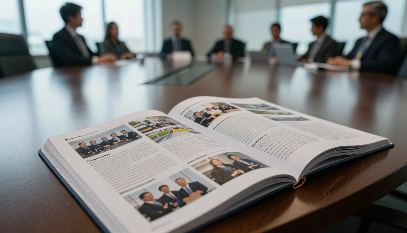 Open company profile booklet on a conference table with project photos Open company profile booklet on a conference table with project photos