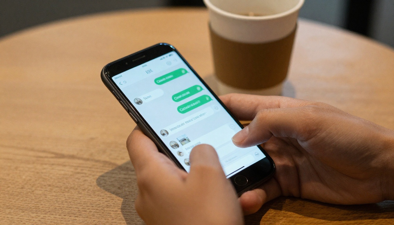 Customer scrolling product photos inside a WhatsApp chat on a smartphone Customer scrolling product photos inside a WhatsApp chat on a smartphone