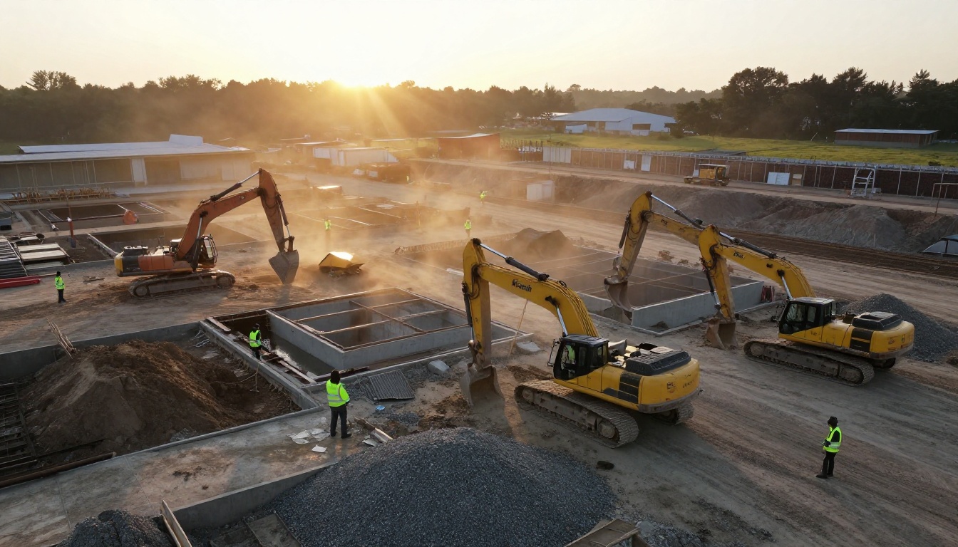 Aerial view of a commercial construction site at sunrise Aerial view of a commercial construction site at sunrise