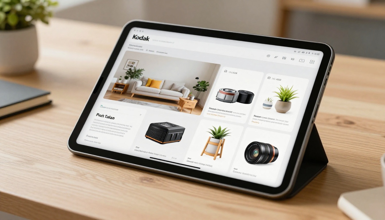 Tablet displaying an open digital flipbook catalog with product pages Tablet displaying an open digital flipbook catalog with product pages