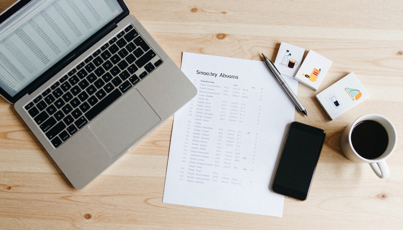 Flat lay workspace with laptop, phone and printed price list for catalog planning Flat lay workspace with laptop, phone and printed price list for catalog planning