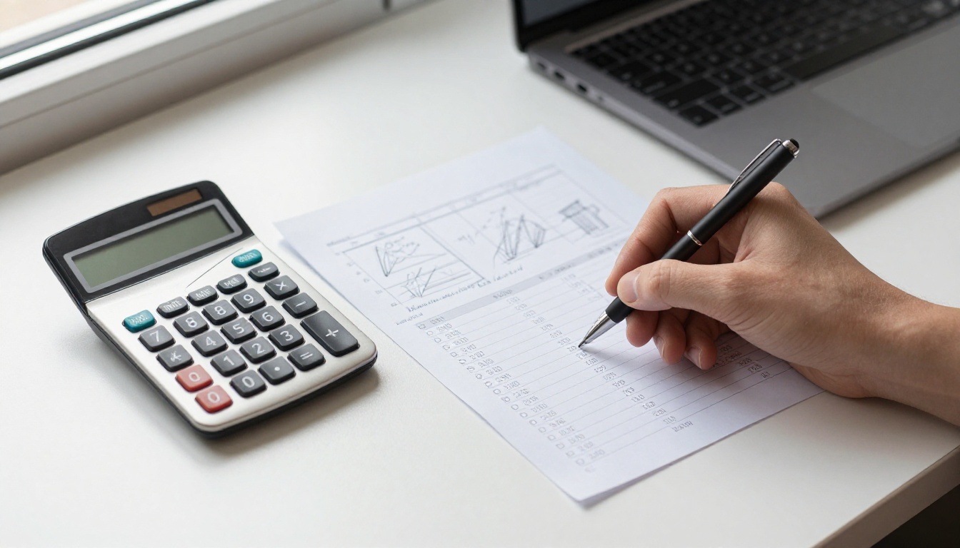 Calculator and notepad with budget sketches on a desk Calculator and notepad with budget sketches on a desk