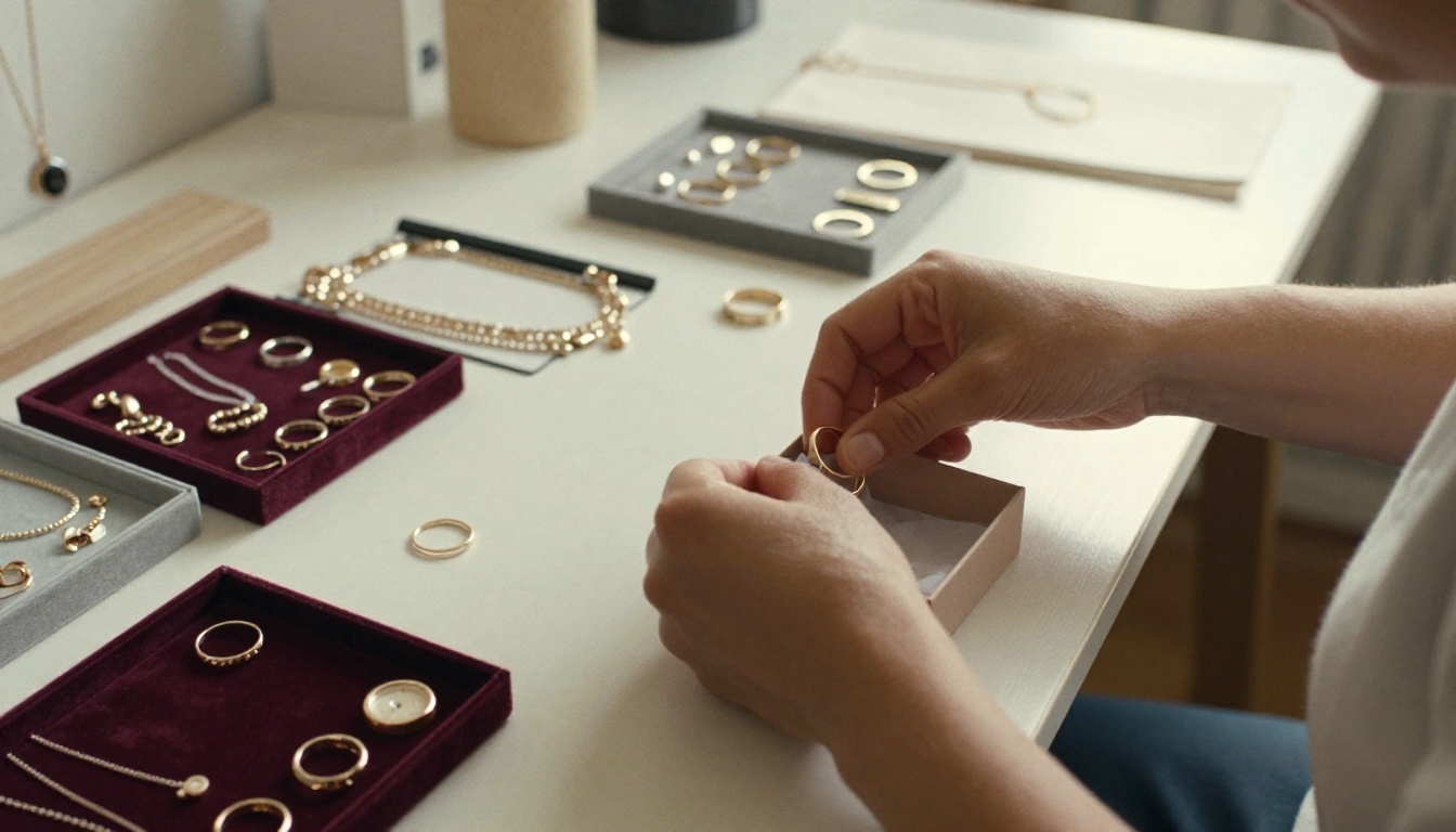 Woman packing handmade jewelry orders at a studio table Woman packing handmade jewelry orders at a studio table