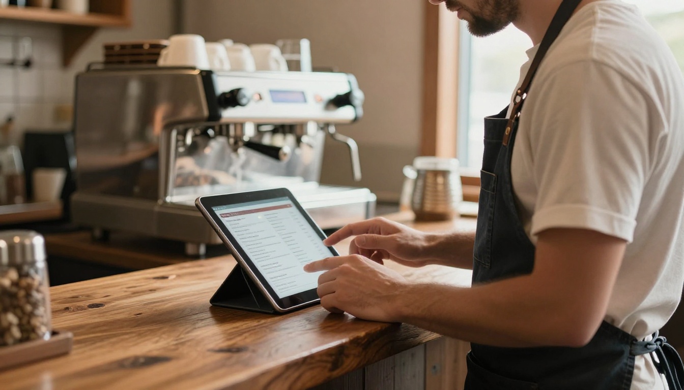 Restaurant owner checking a digital menu flipbook on a tablet Restaurant owner checking a digital menu flipbook on a tablet