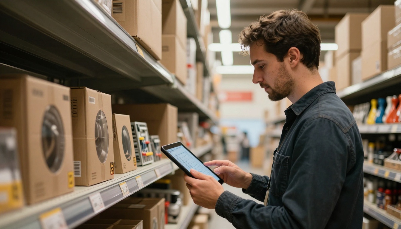 Man holding a tablet checking wholesale shelves in a warehouse Man holding a tablet checking wholesale shelves in a warehouse