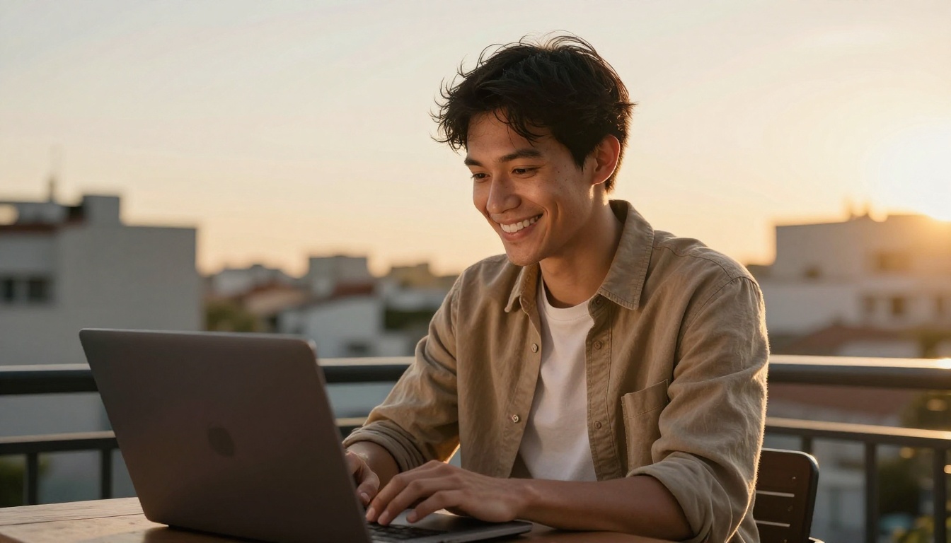 Freelancer closing a laptop at golden hour after finishing a project Freelancer closing a laptop at golden hour after finishing a project