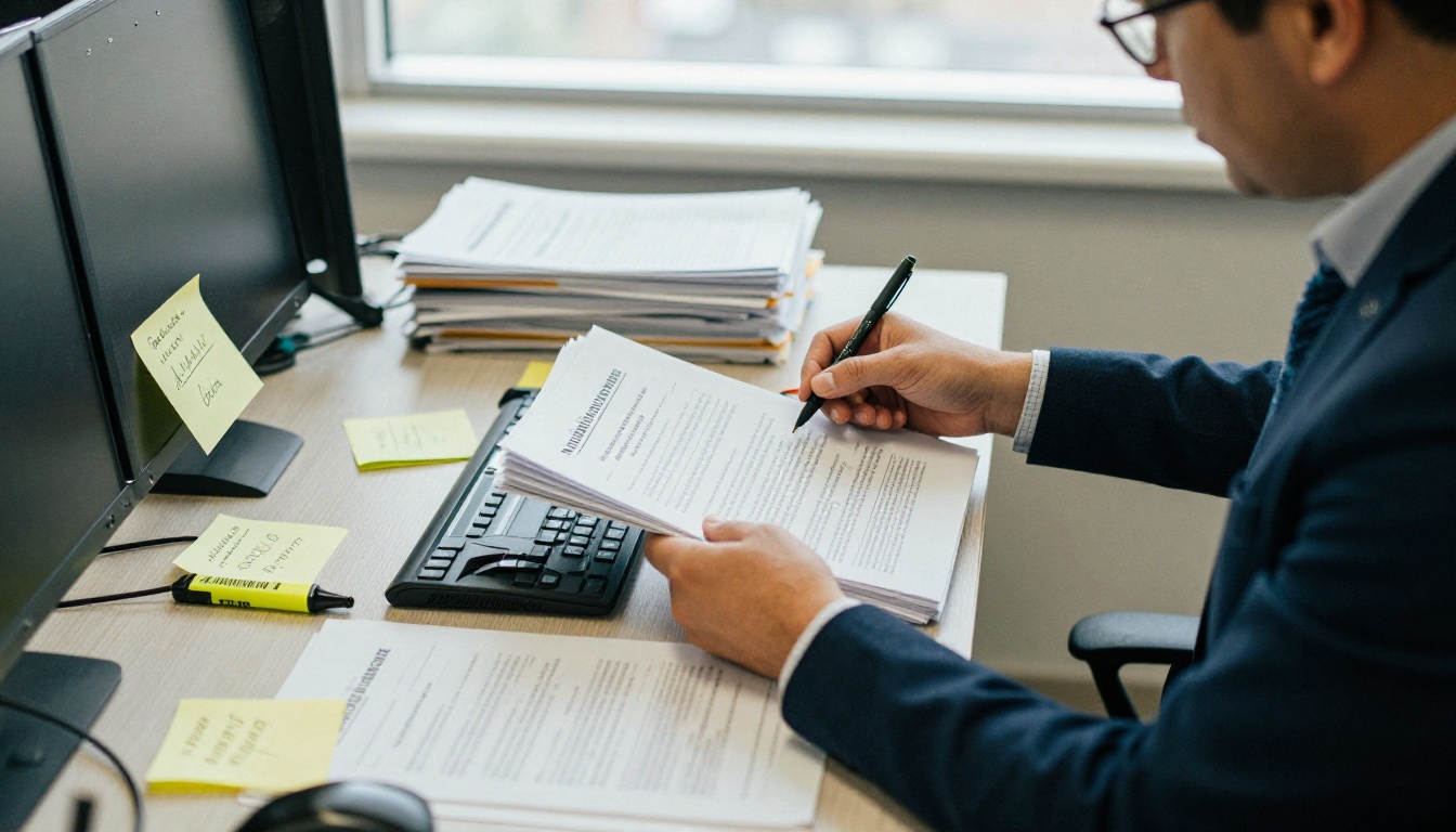 Procurement officer reviewing contractor documents at a desk Procurement officer reviewing contractor documents at a desk