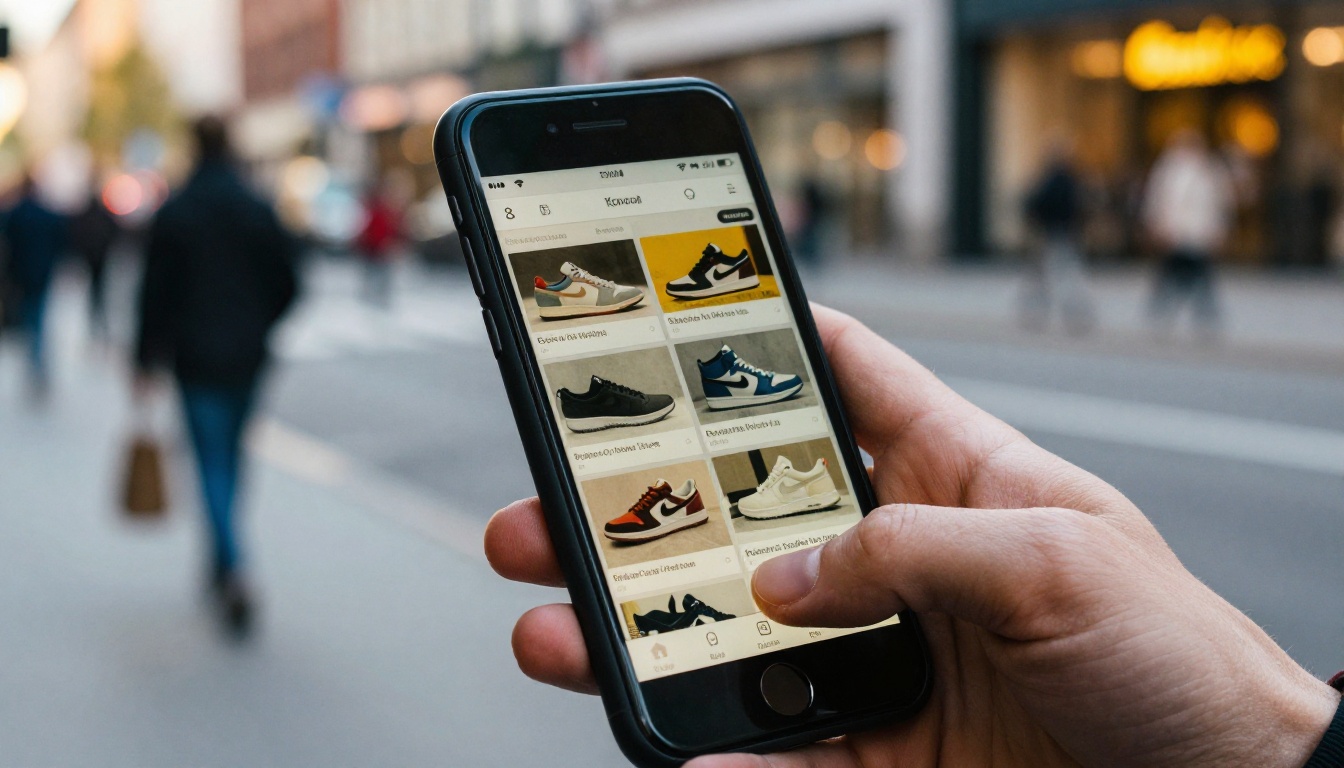 Hand holding a phone on a city street showing a scrolling sneaker catalog Hand holding a phone on a city street showing a scrolling sneaker catalog