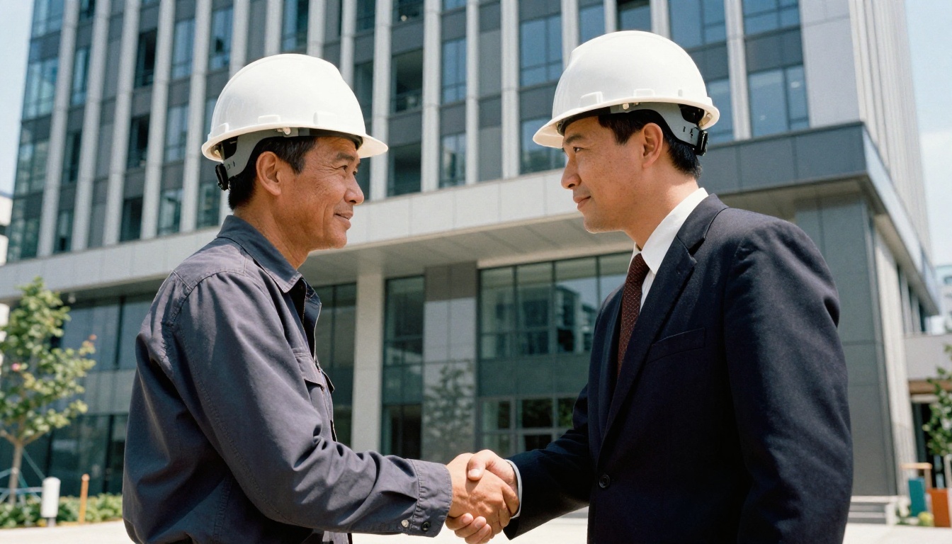 Contractor and client shaking hands in front of a finished office building Contractor and client shaking hands in front of a finished office building