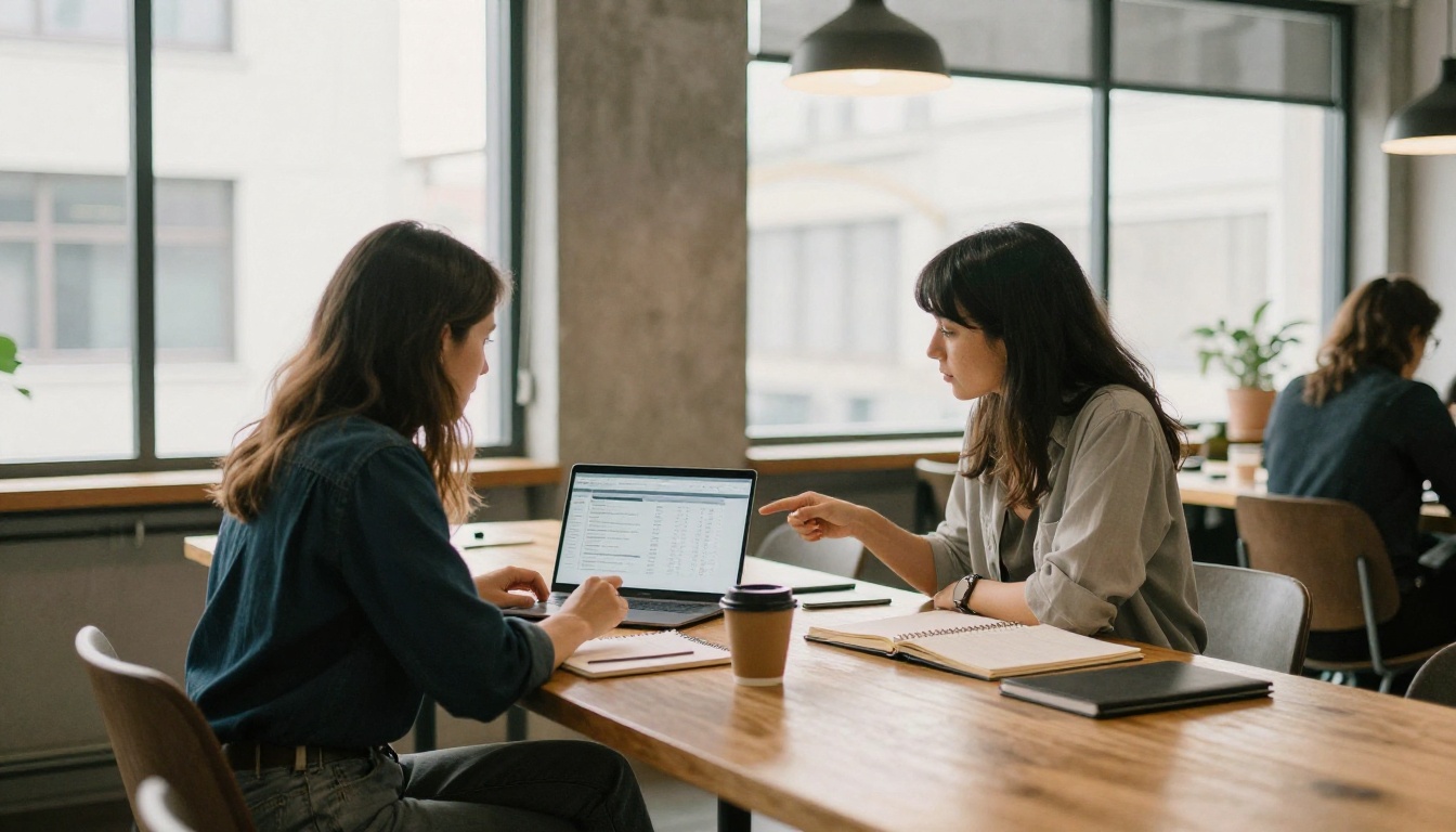Two business partners reviewing sales results on a laptop in a coworking space Two business partners reviewing sales results on a laptop in a coworking space