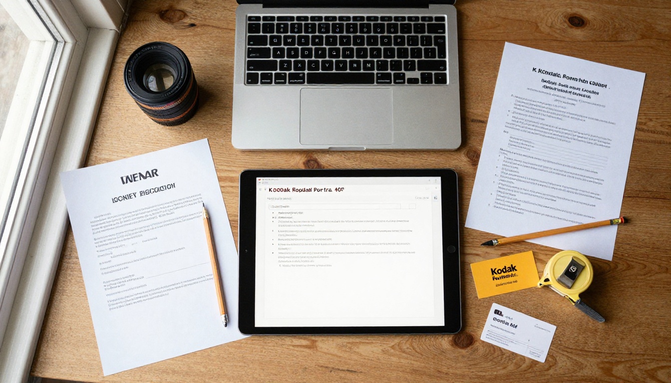 Flat lay of a contractor desk with a laptop, tablet, business cards and safety certificates Flat lay of a contractor desk with a laptop, tablet, business cards and safety certificates