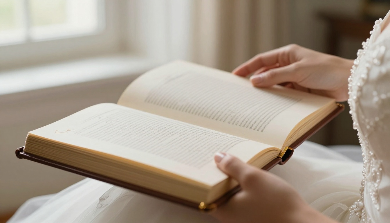Bride's hands turning a page of a leather bound printed wedding album