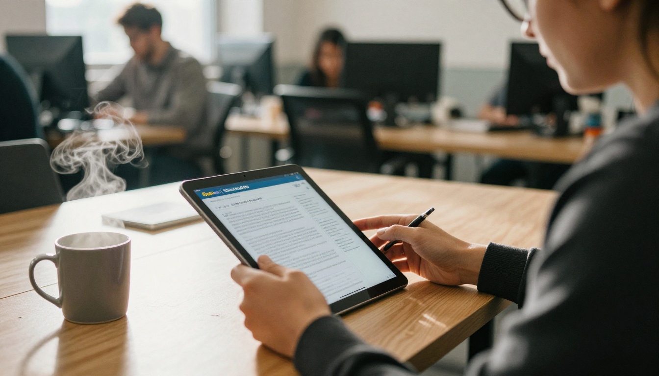 An employee reading a company document on a tablet An employee reading a company document on a tablet