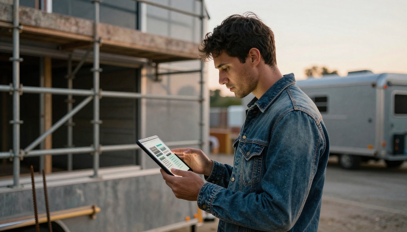 Small business owner reading a digital brochure on a tablet in a job trailer Small business owner reading a digital brochure on a tablet in a job trailer