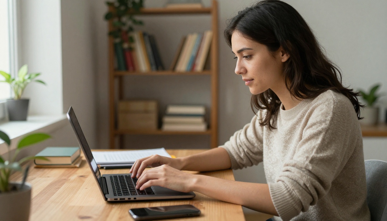 Entrepreneur uploading a PDF catalog on a laptop at a home office desk Entrepreneur uploading a PDF catalog on a laptop at a home office desk