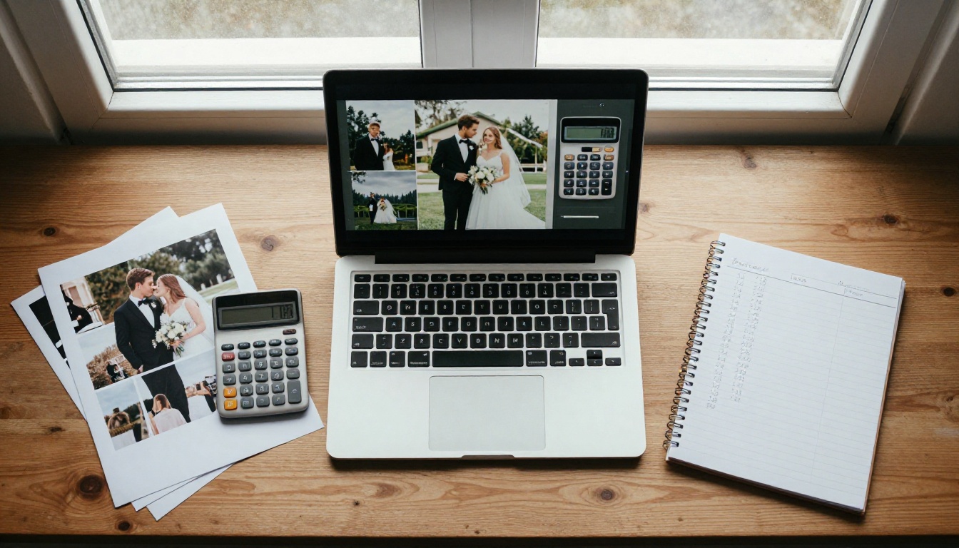 Wedding album budget planning desk with laptop, calculator and sample prints