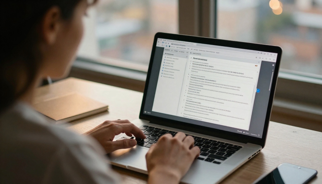 A manager updating documents on a laptop beside a checklist A manager updating documents on a laptop beside a checklist