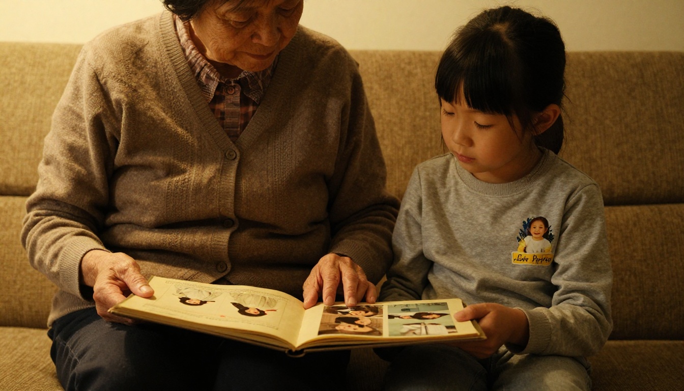 Grandmother and granddaughter sitting together with an old printed wedding album