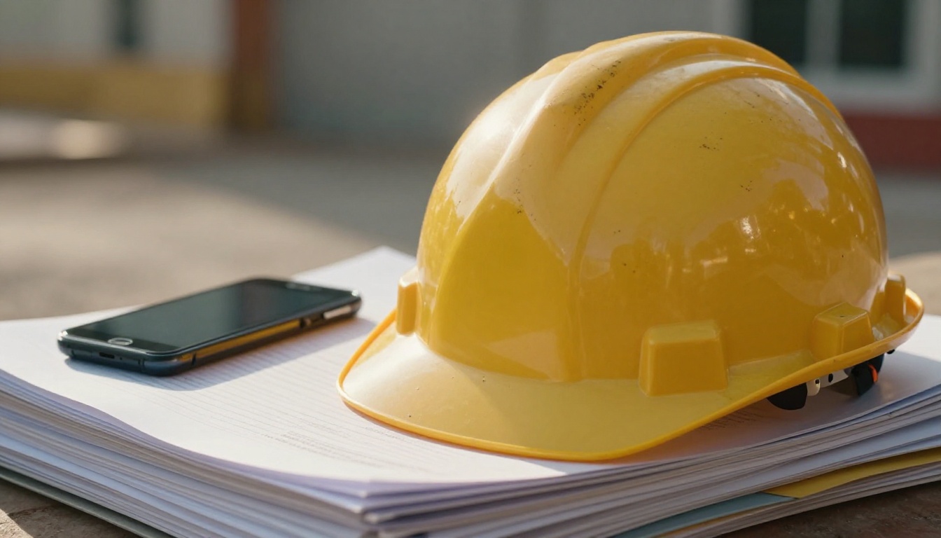 Hard hat resting on a stack of printed folders next to a pen and phone Hard hat resting on a stack of printed folders next to a pen and phone