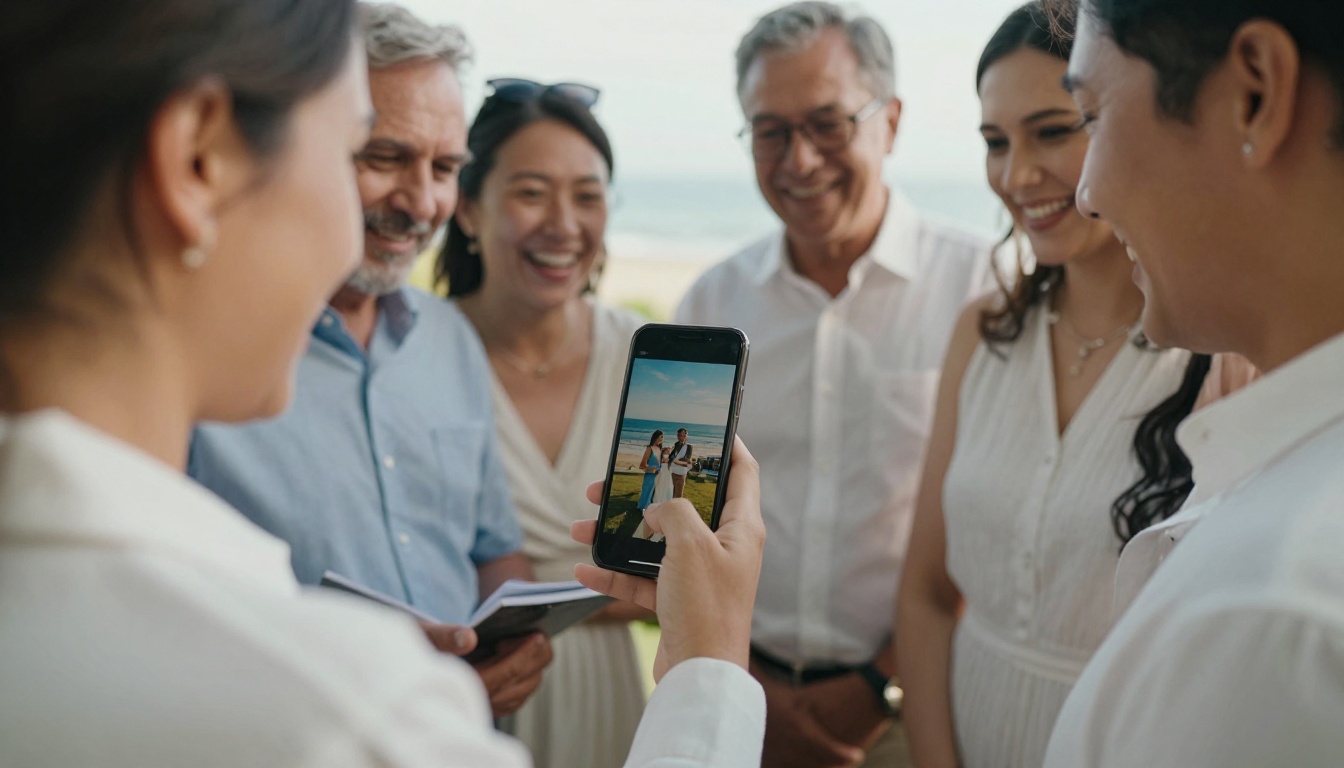 Wedding guests scrolling a digital flipbook album on a smartphone