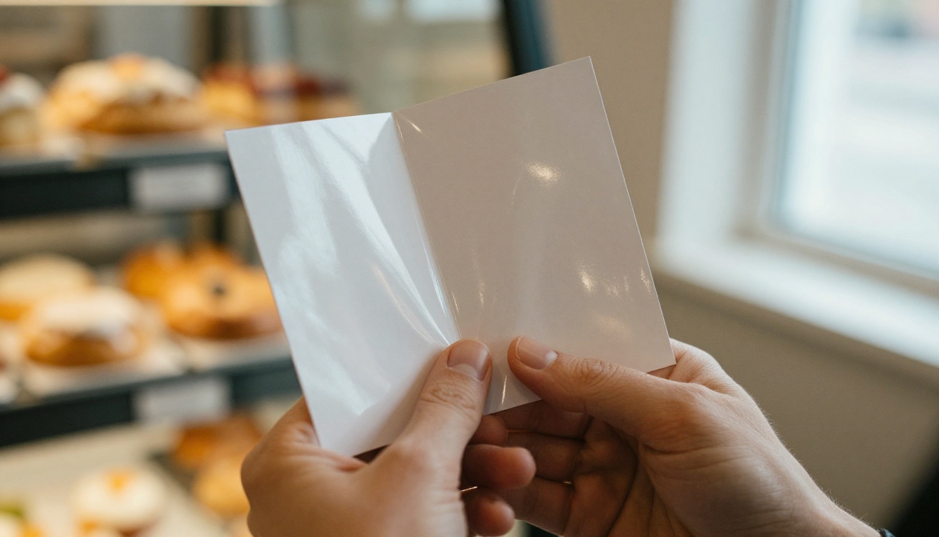 A hand holding a glossy trifold brochure at a bakery counter
