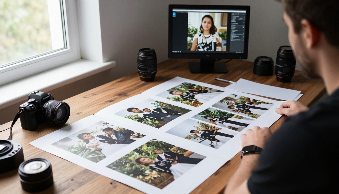 Wedding photographer reviewing album proofs in a studio