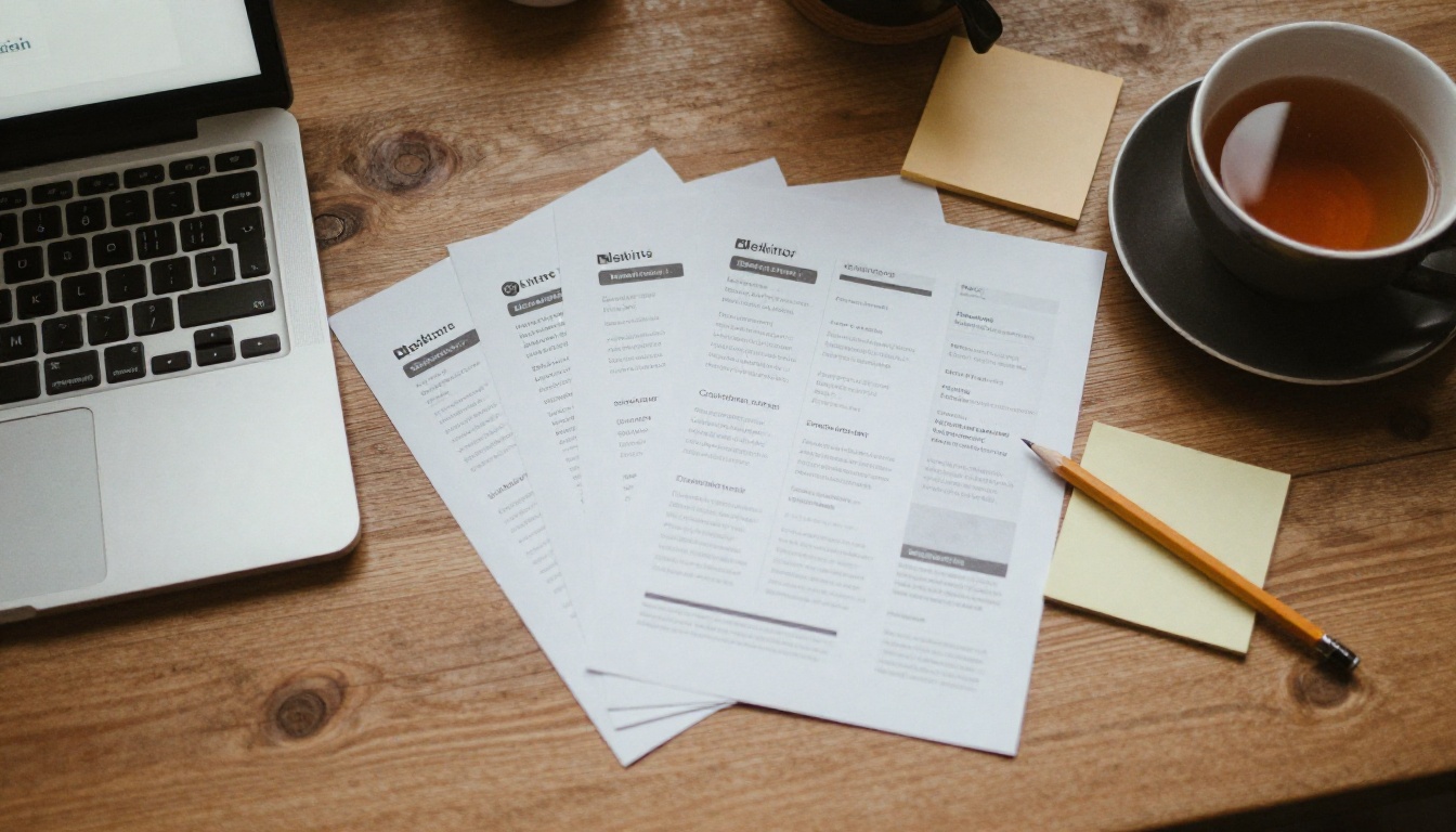 Aerial view of a desk with a laptop showing a newsletter layout and printed drafts