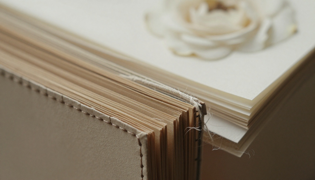 Macro close-up of archival album pages and hand stitched spine with a pressed rose
