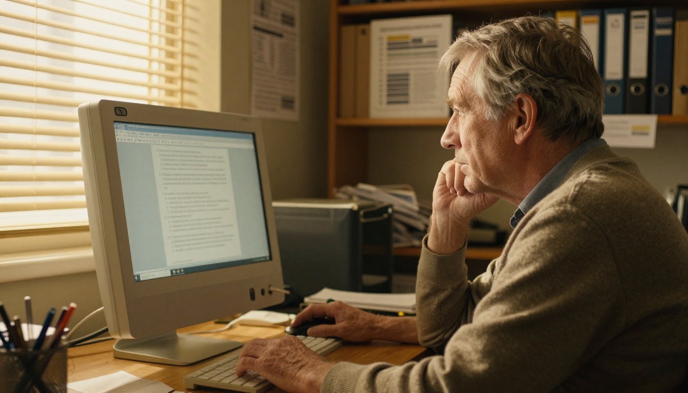 An older man in a cardigan at an old desktop computer in a home office